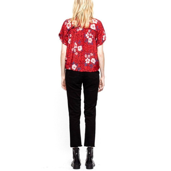 ZADIG & VOLTAIRE BLOUSE TERSON RED FLORAL PRINT SILK SIZE LARGE SHORT SLEEVE - Picture 3 of 11